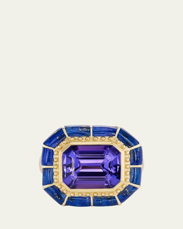 OAK 18K Yellow Gold Tanzanite and Lapis Statement Ring, Size